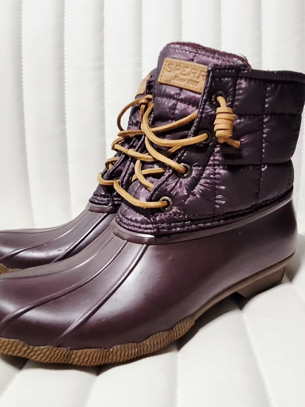 Sperry Purple Duck Boots with Tan Laces